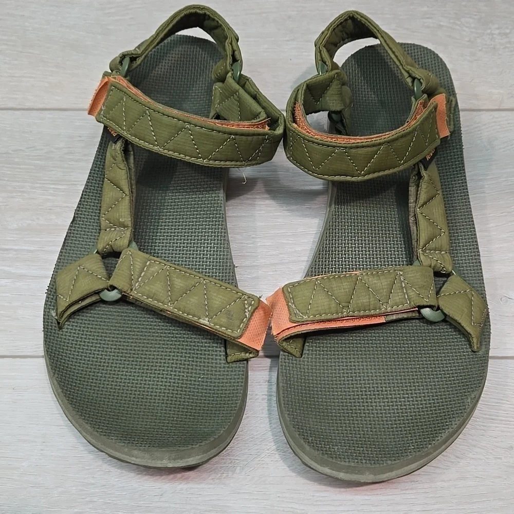 Teva Mens Outdoor Hiking Green & Orange Hook& Loop Sandals Slide Shoes Sz 10